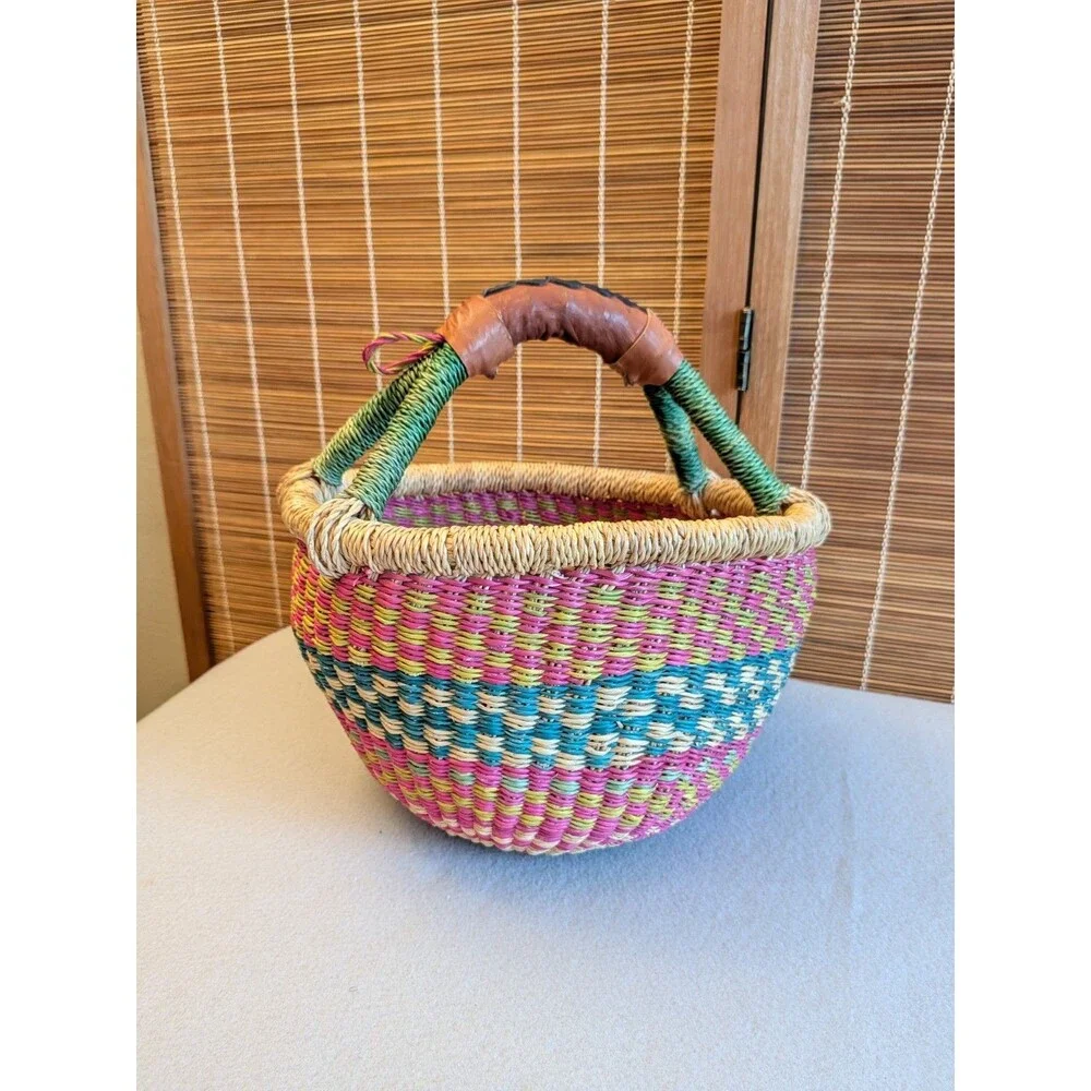 Authentic Ghanaian Bolga Basket Handwoven Small 10” Market Tote Leather Handle